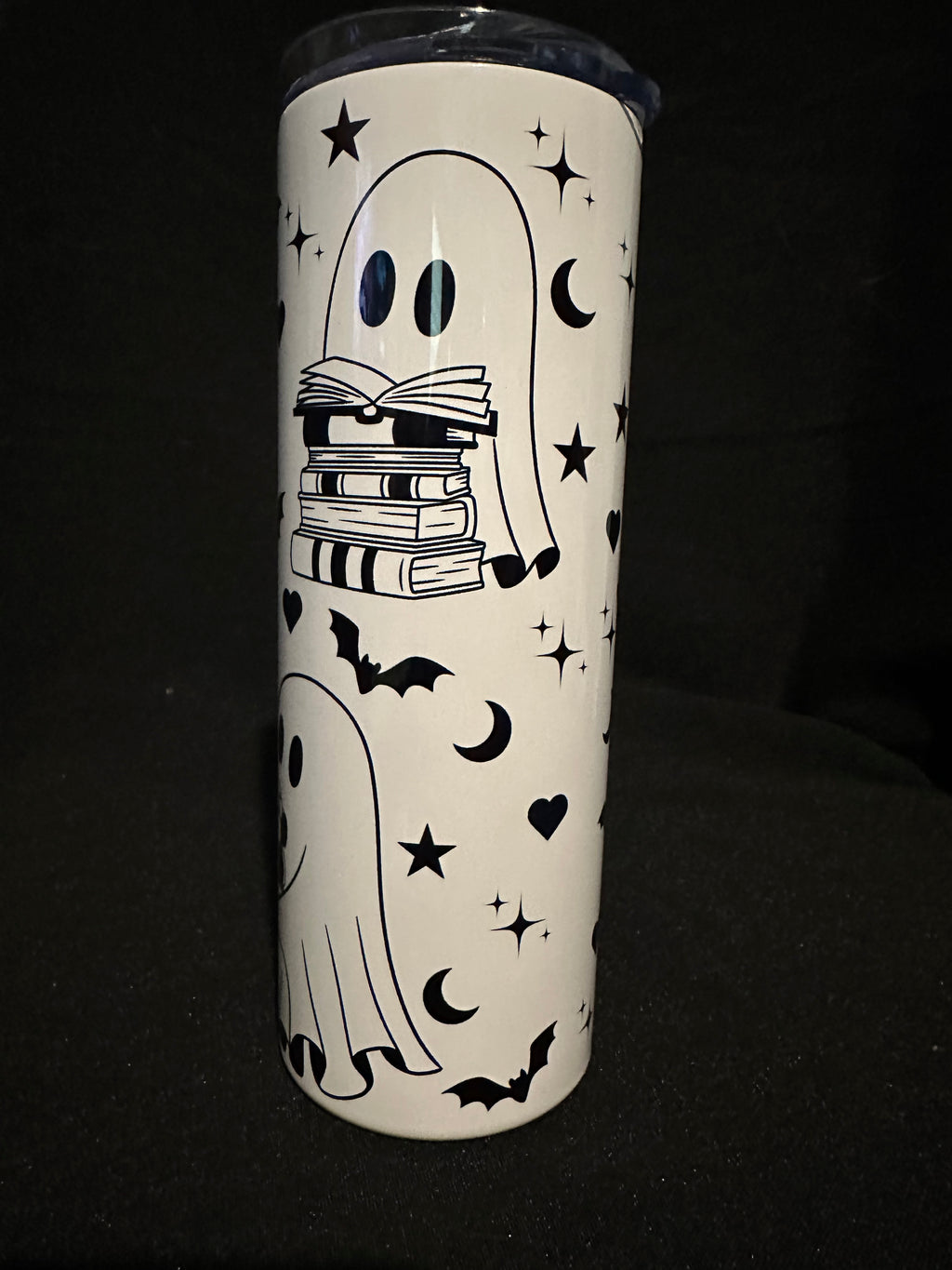 Ghostly Bookworms Tumbler – 20oz Metal Tumbler with Ghosts, Books & Bats