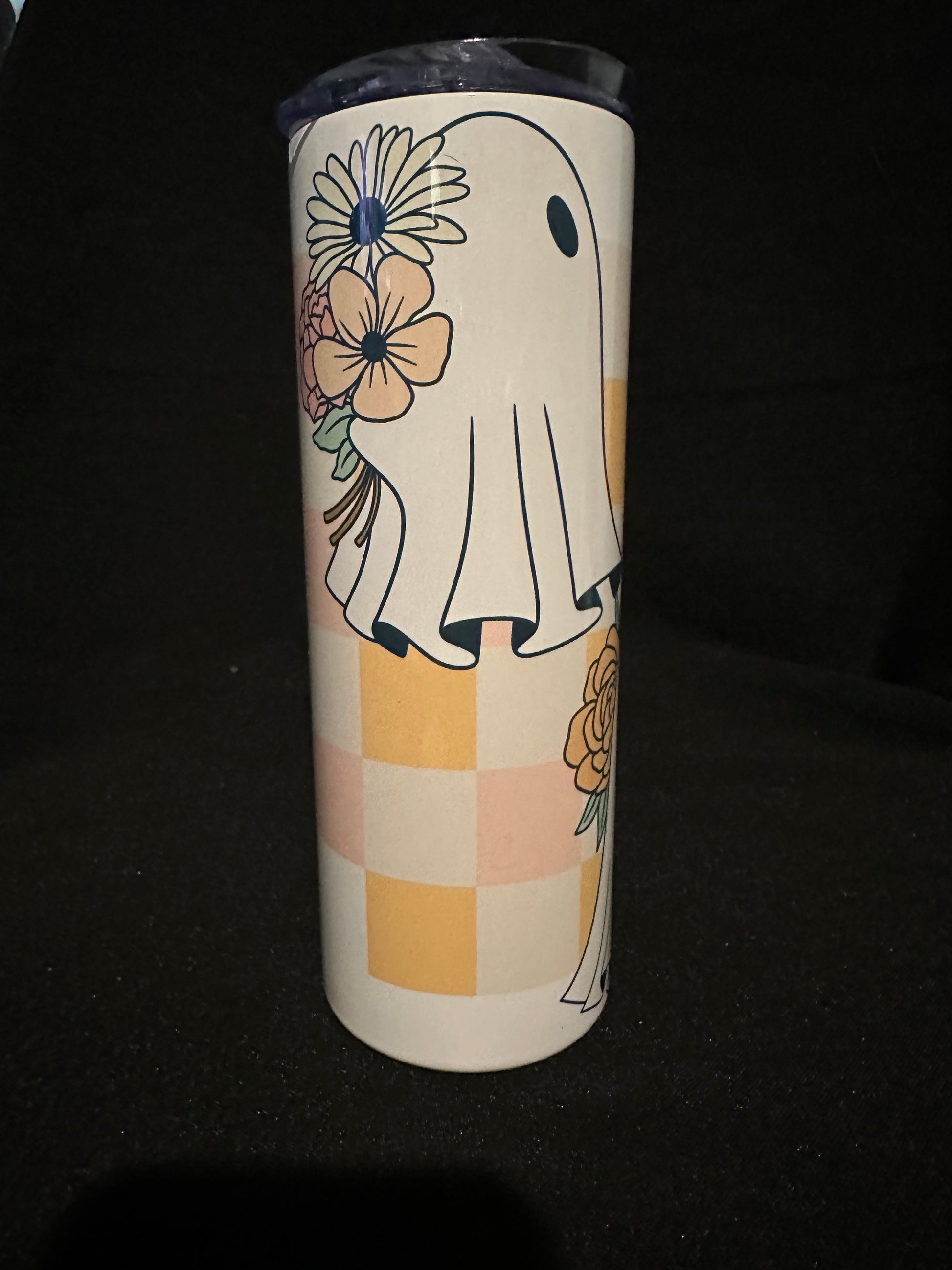 Booquet Tumbler – 20oz Metal Tumbler with Ghost and Floral Checkerboard Design