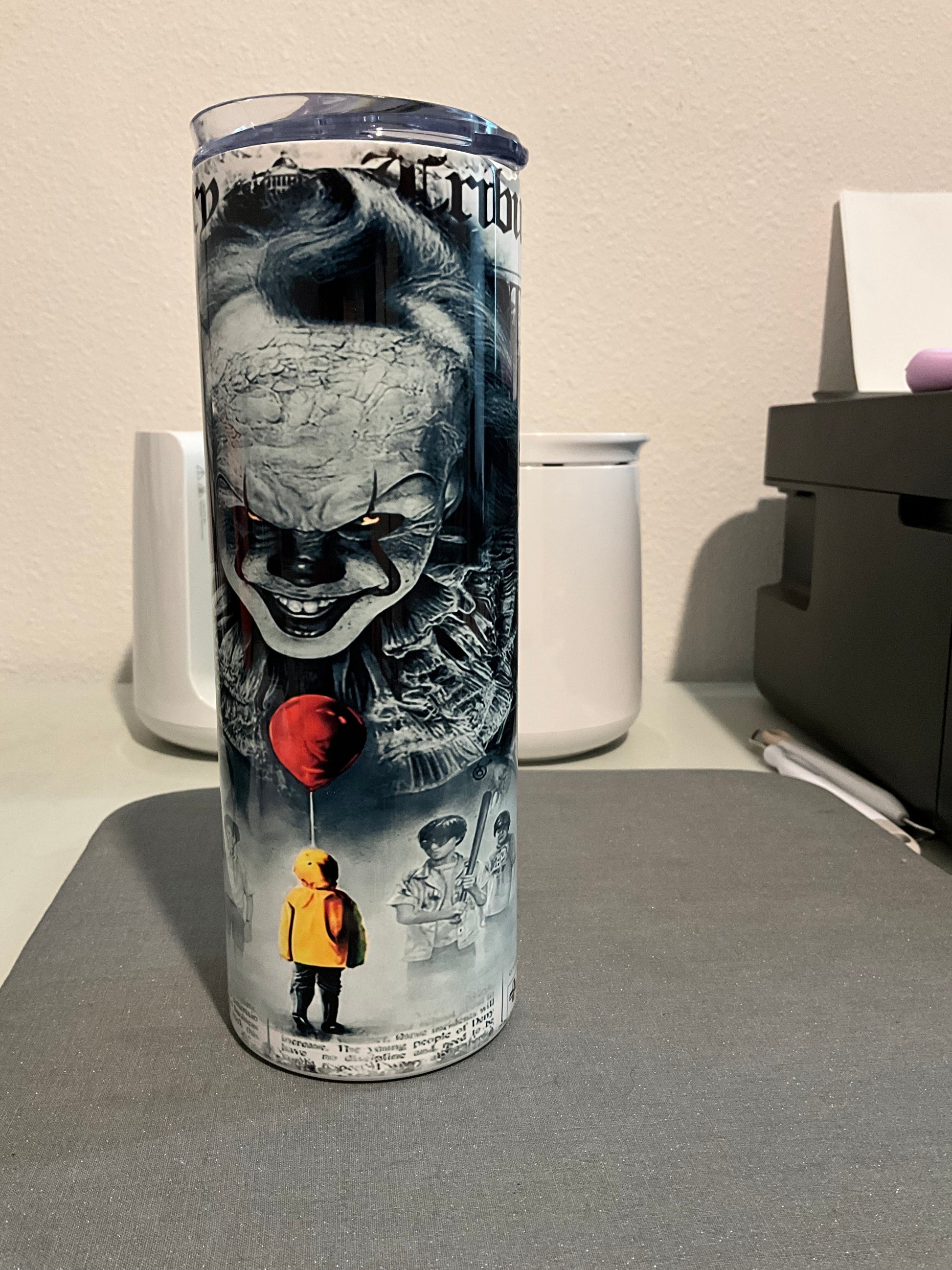 Down Here Club Metal Tumbler | Horror Clown & Raincoat Boy Fan Art Cup | 20oz Stainless Steel Horror Movie Inspired Drinkware