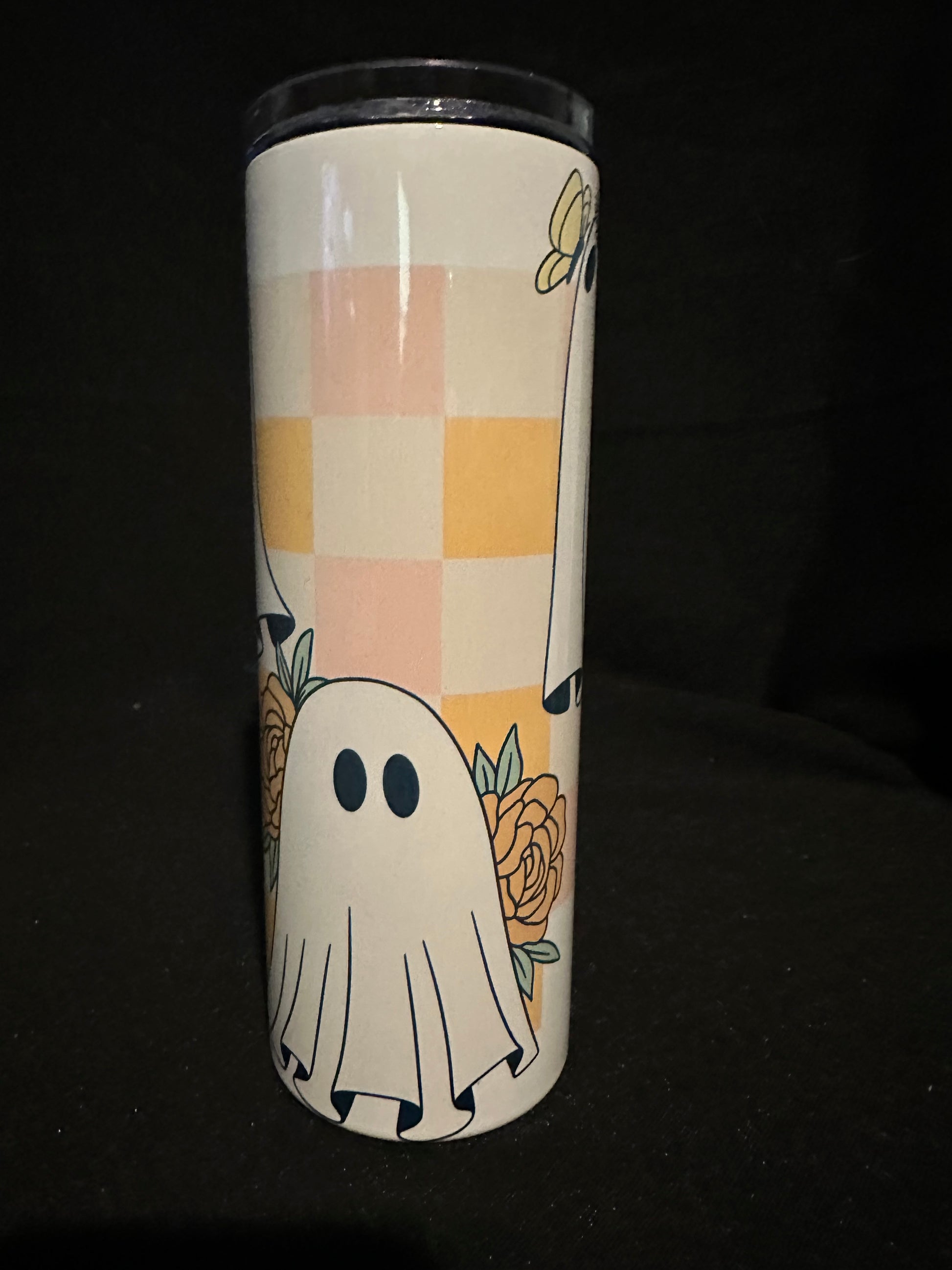 Booquet Tumbler – 20oz Metal Tumbler with Ghost and Floral Checkerboard Design