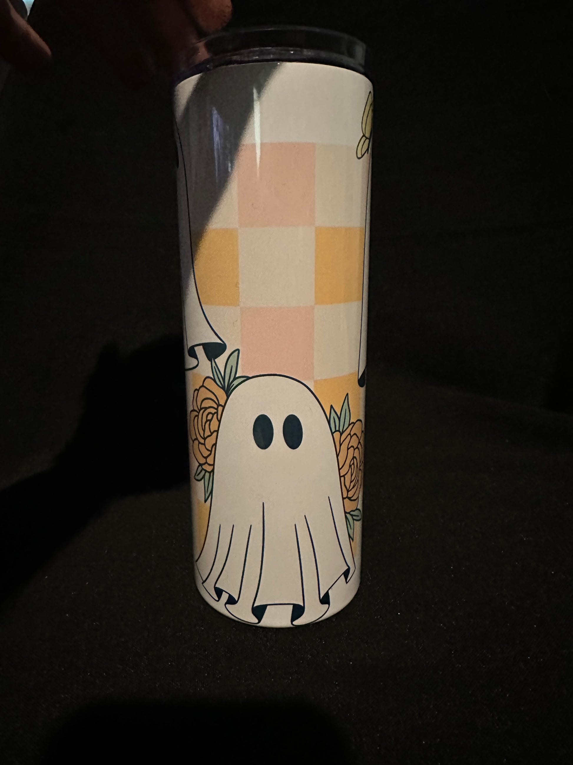 Booquet Tumbler – 20oz Metal Tumbler with Ghost and Floral Checkerboard Design