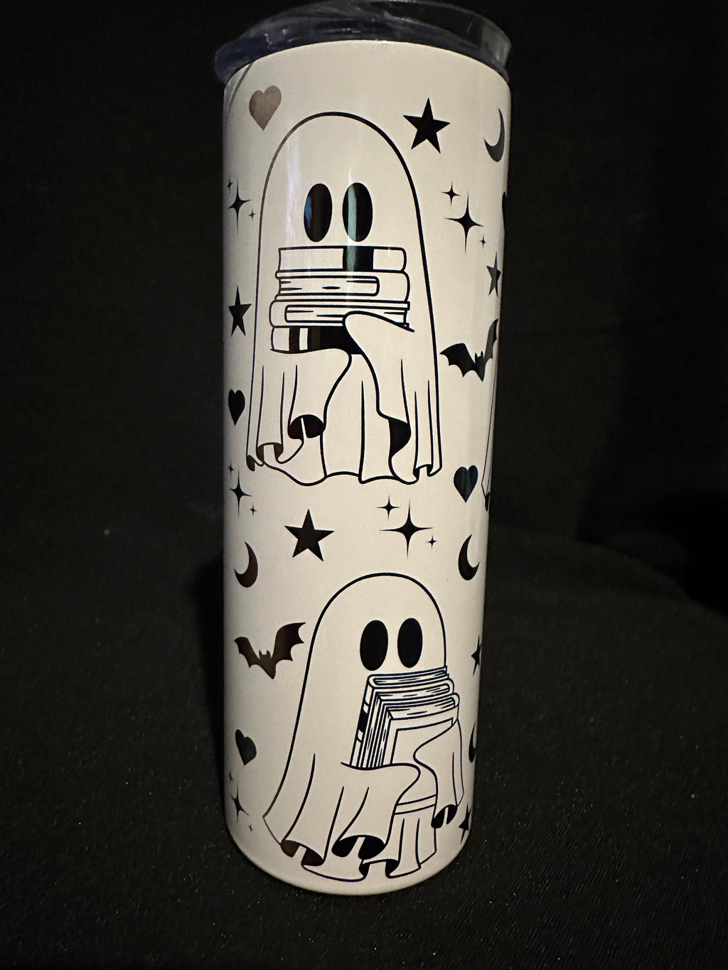 Ghostly Bookworms Tumbler – 20oz Metal Tumbler with Ghosts, Books & Bats