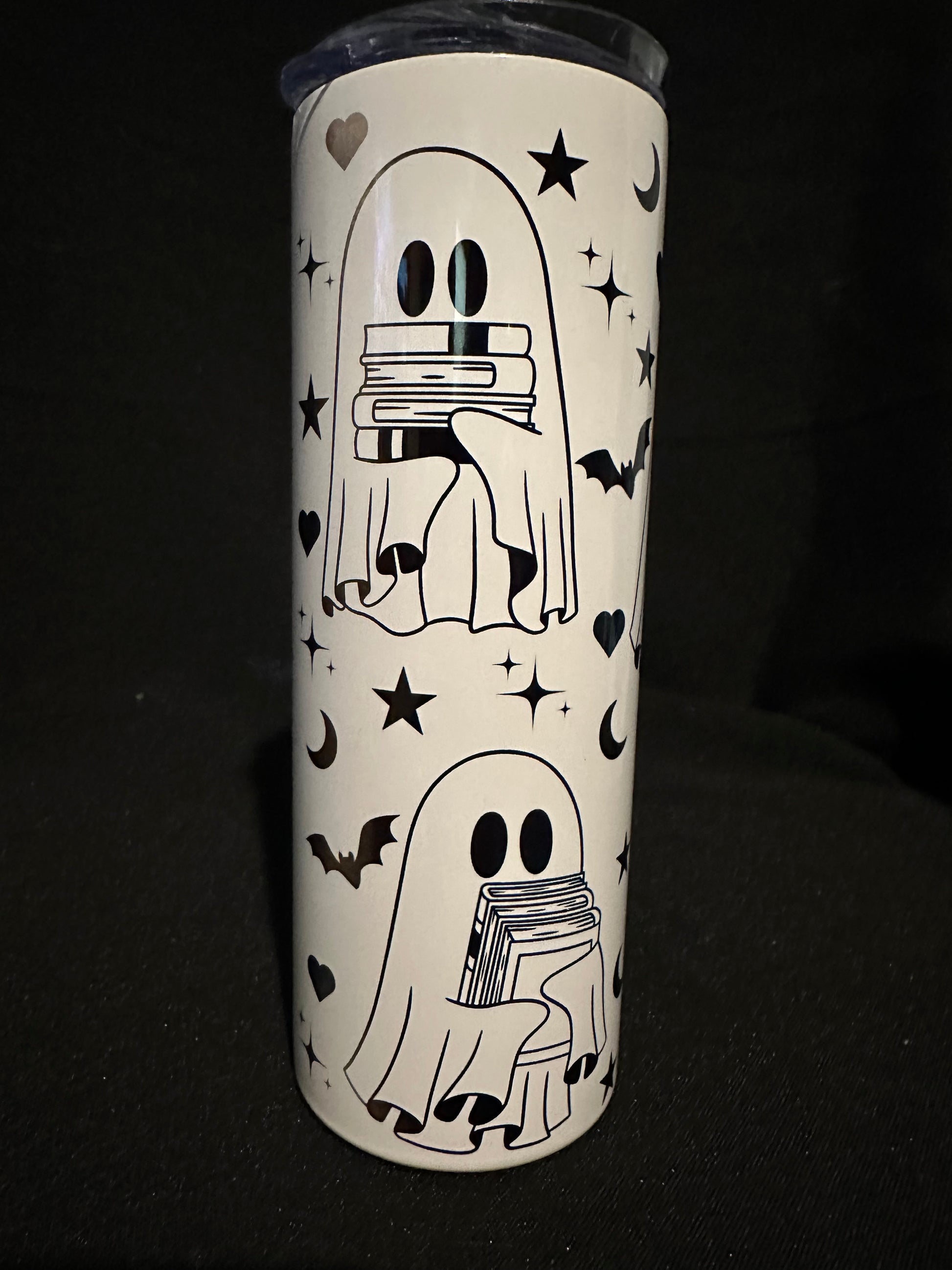 Ghostly Bookworms Tumbler – 20oz Metal Tumbler with Ghosts, Books & Bats