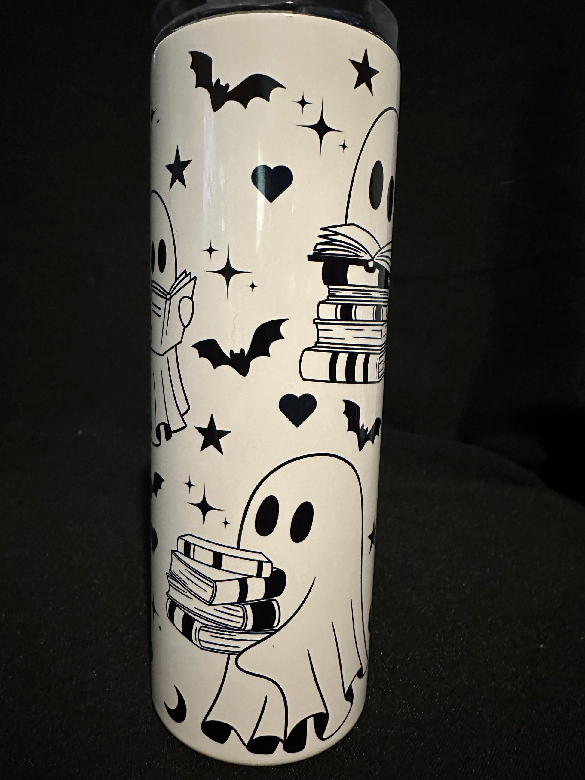 Ghostly Bookworms Tumbler – 20oz Metal Tumbler with Ghosts, Books & Bats