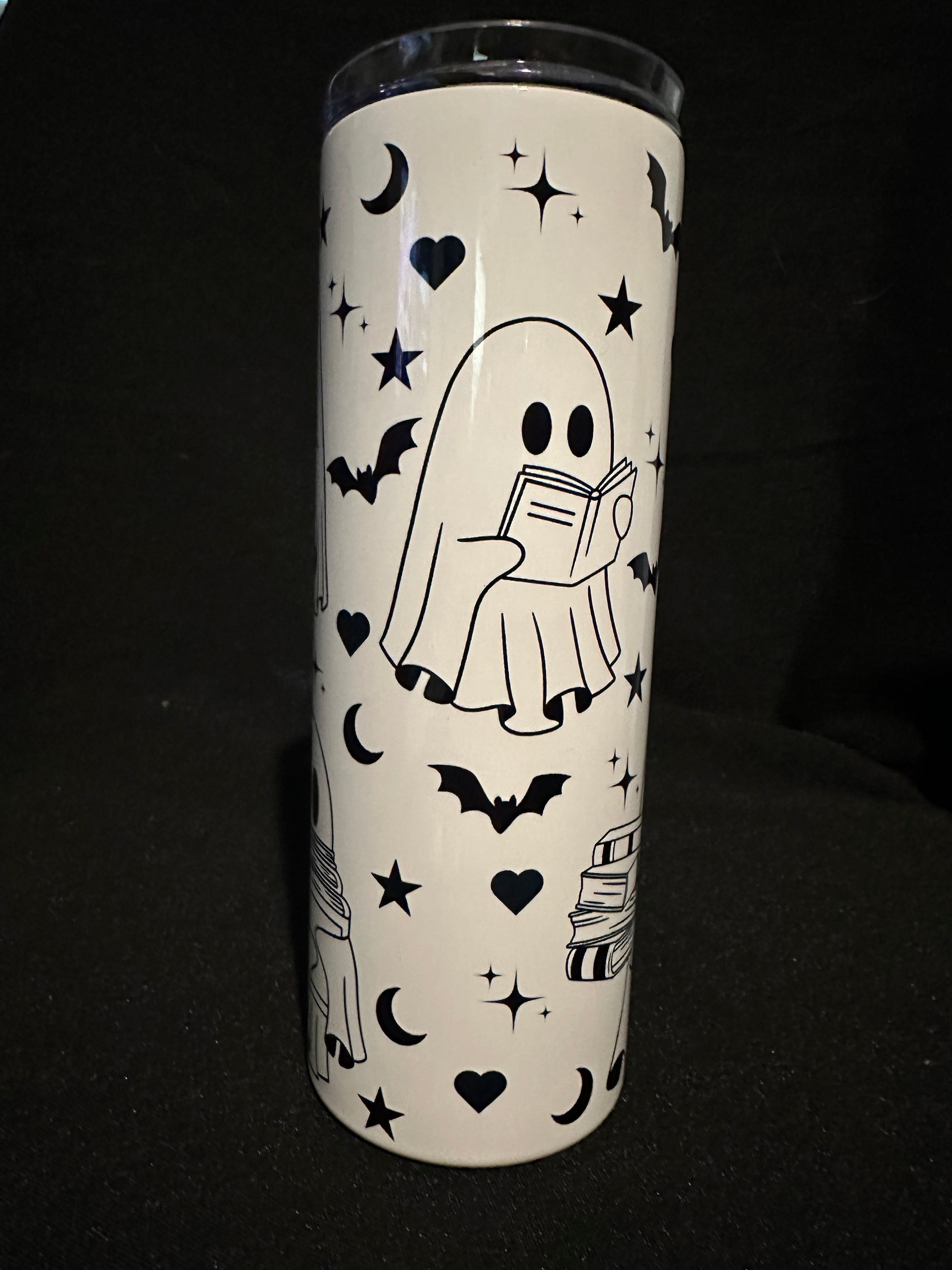 Ghostly Bookworms Tumbler – 20oz Metal Tumbler with Ghosts, Books & Bats