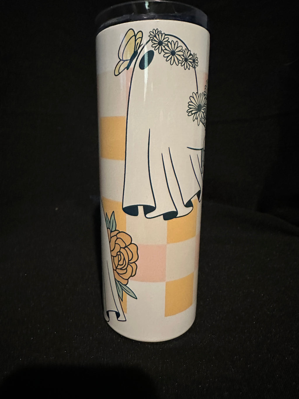 Booquet Tumbler – 20oz Metal Tumbler with Ghost and Floral Checkerboard Design
