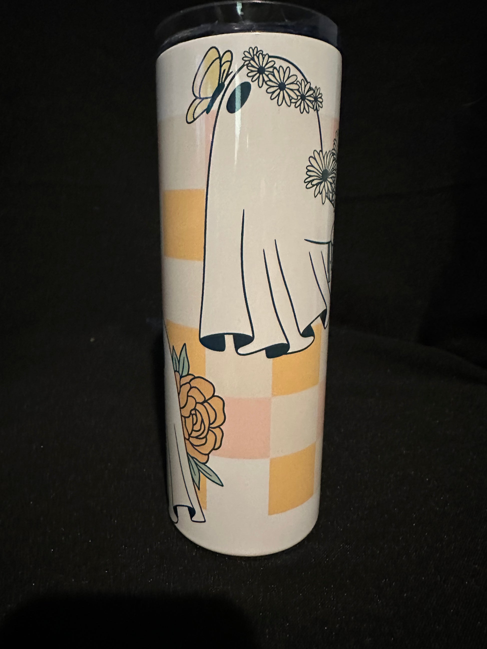Booquet Tumbler – 20oz Metal Tumbler with Ghost and Floral Checkerboard Design