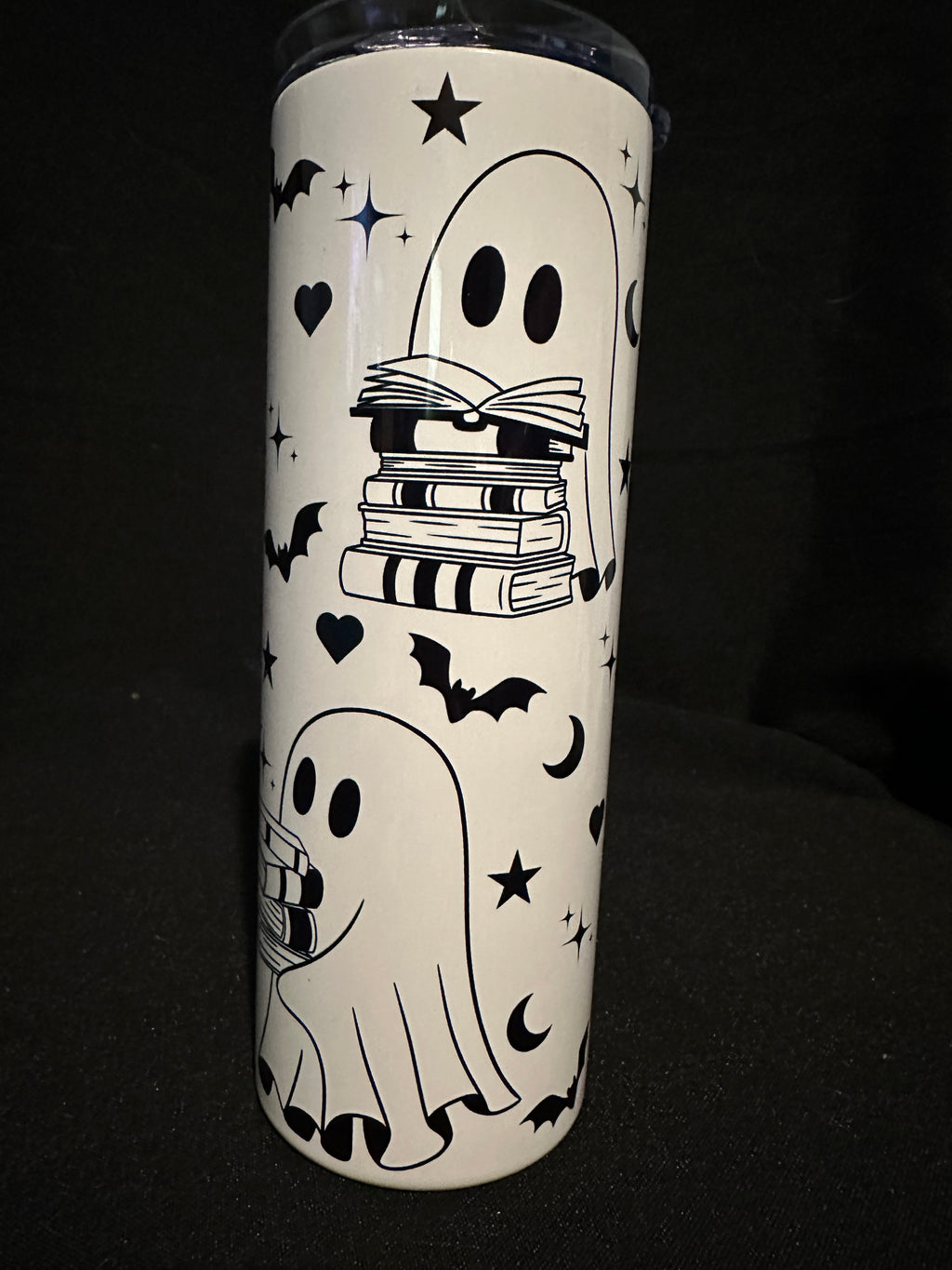 Ghostly Bookworms Tumbler – 20oz Metal Tumbler with Ghosts, Books & Bats