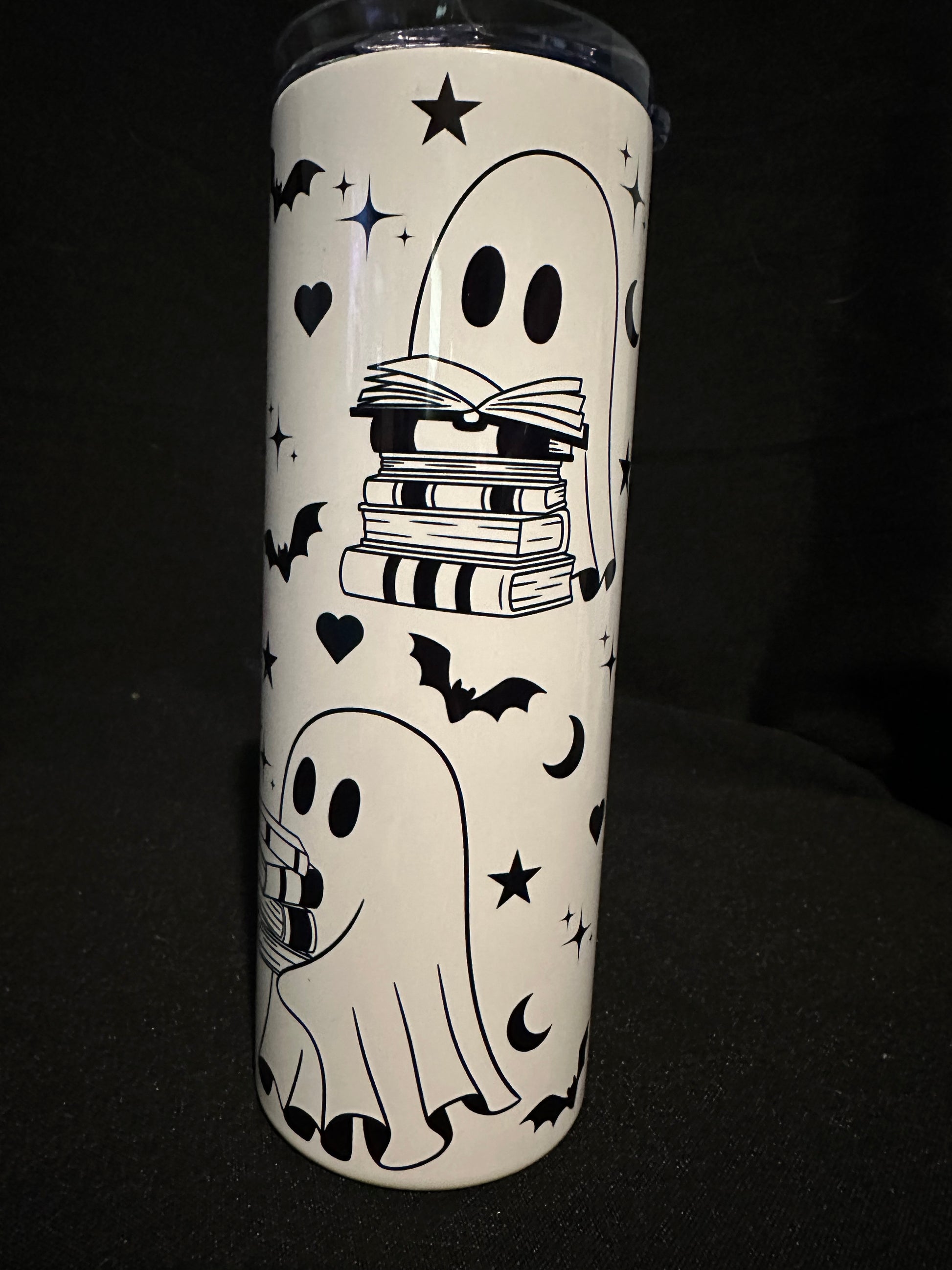 Ghostly Bookworms Tumbler – 20oz Metal Tumbler with Ghosts, Books & Bats