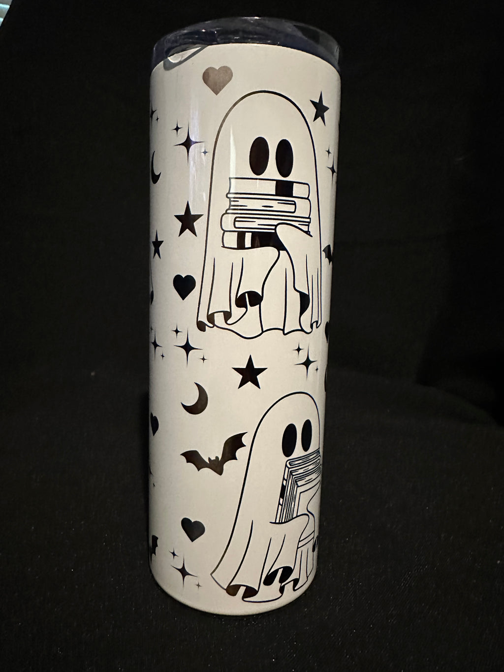 Ghostly Bookworms Tumbler – 20oz Metal Tumbler with Ghosts, Books & Bats