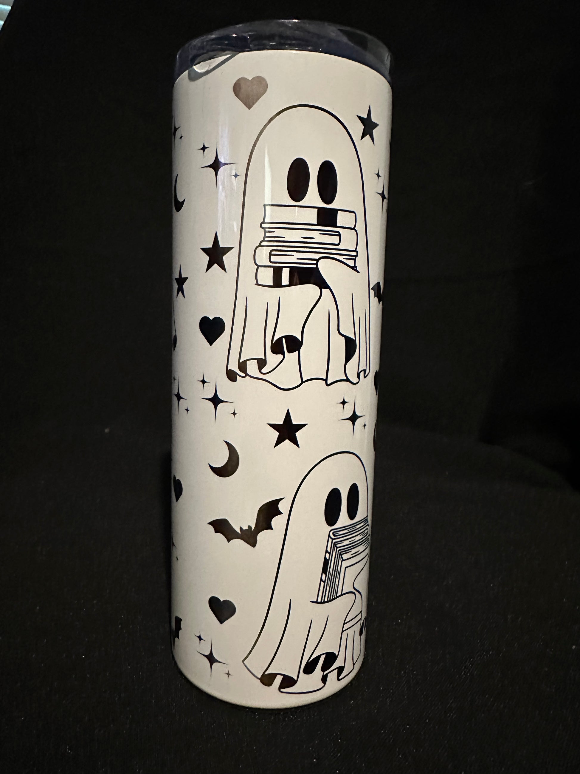 Ghostly Bookworms Tumbler – 20oz Metal Tumbler with Ghosts, Books & Bats