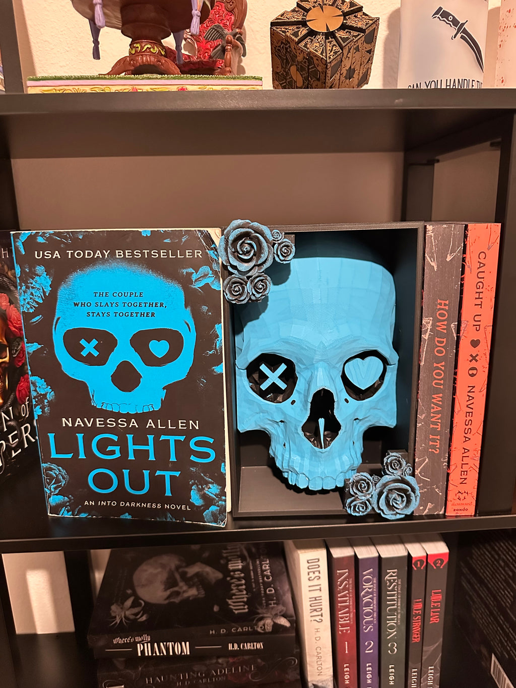 Full skull design on a bookshelf with some books