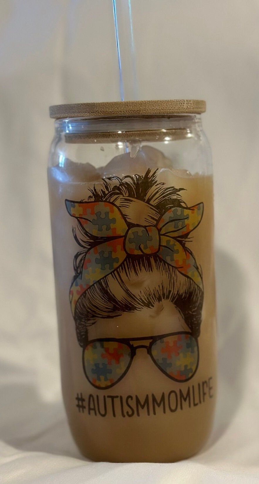 Autism Mom 18oz frosted Glass Tumbler