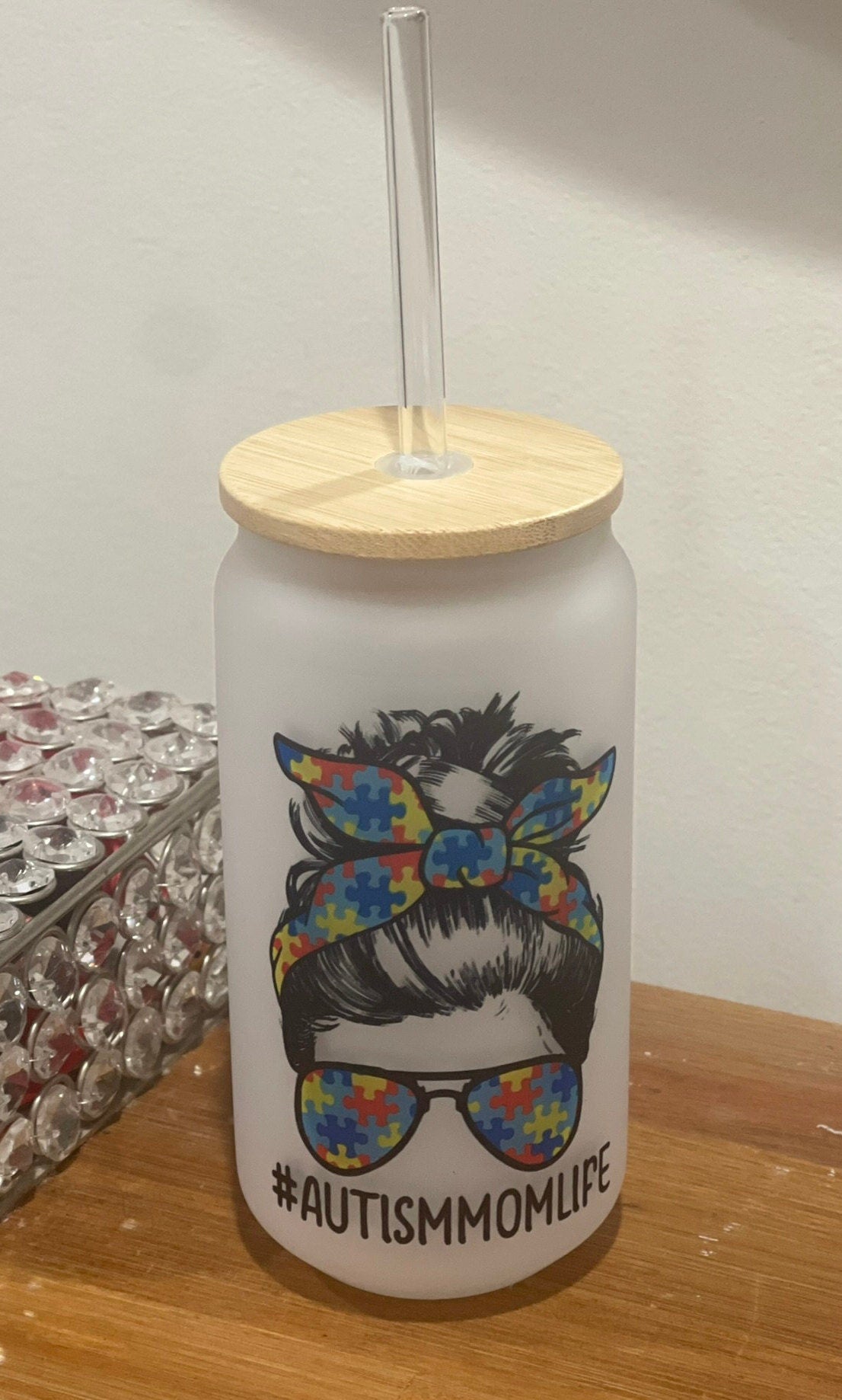 Autism Mom 18oz frosted Glass Tumbler